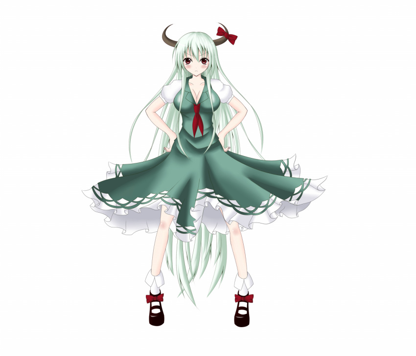 blush bow breasts cleavage dress ex-keine frown gmot green_eyes green_hair hands_on_hips highres horn_ribbon horns kamishirasawa_keine large_breasts long_hair minami628 red_eyes ribbon solo touhou very_long_hair