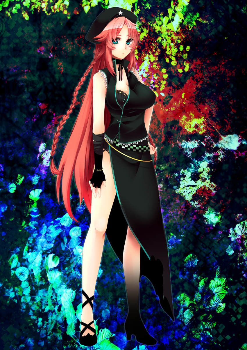 alternate_costume ankle_lace-up blue_eyes braid breasts cross-laced_footwear fingerless_gloves gloves hat highres hong_meiling lace long_hair red_hair redhead side_slit single_glove solo touhou very_long_hair yutazou