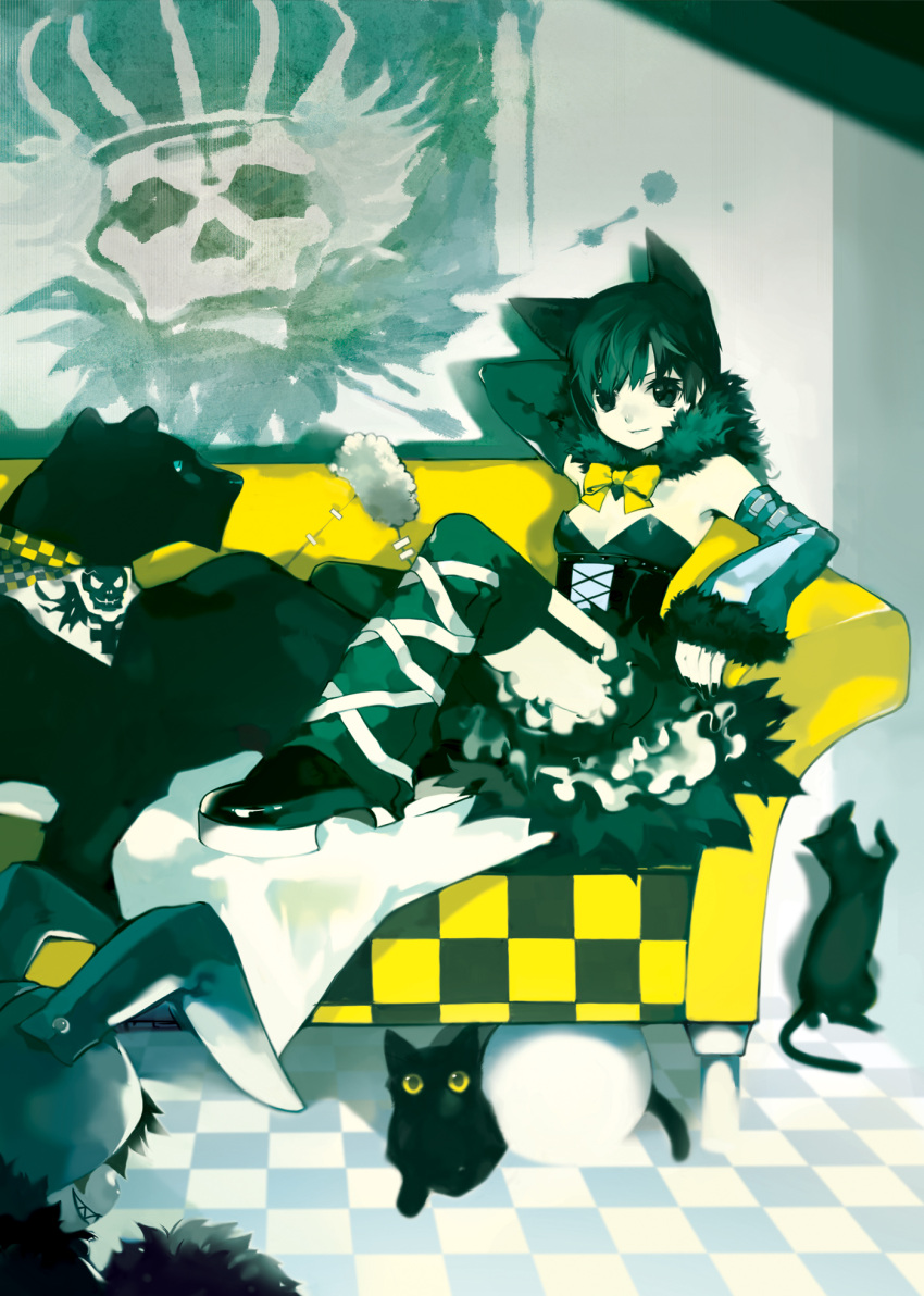 animal animal_ears black_eyes black_hair black_panther bow cat checkered checkered_floor couch detached_sleeves highres larhen original panther short_hair solo