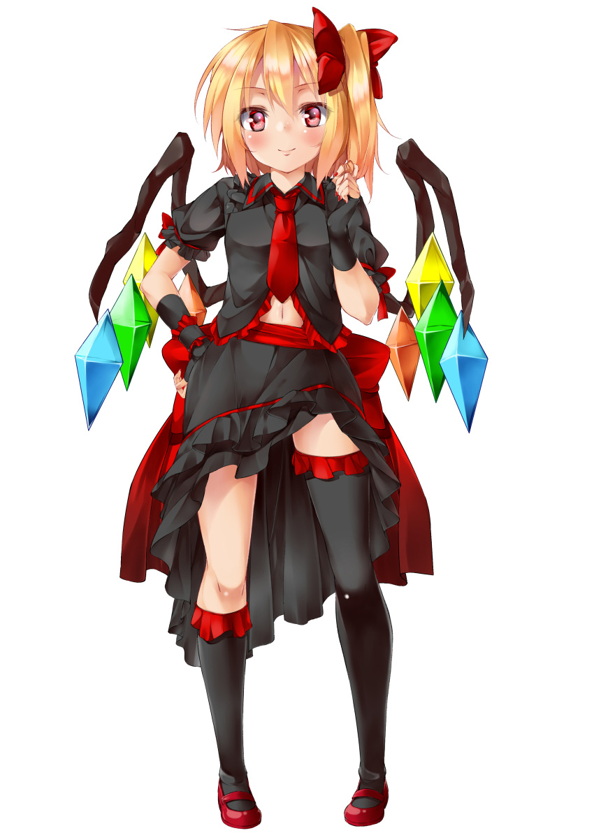 absurdres alternate_costume asymmetrical_clothes asymmetrical_clothing blonde_hair blush bow fingerless_gloves flandre_scarlet frills gathers gloves hair_bow hair_twirling highres mamedenkyuu_(berun) mary_janes navel necktie red_eyes shoes side_ponytail simple_background skirt smile solo the_embodiment_of_scarlet_devil touhou white_background wings