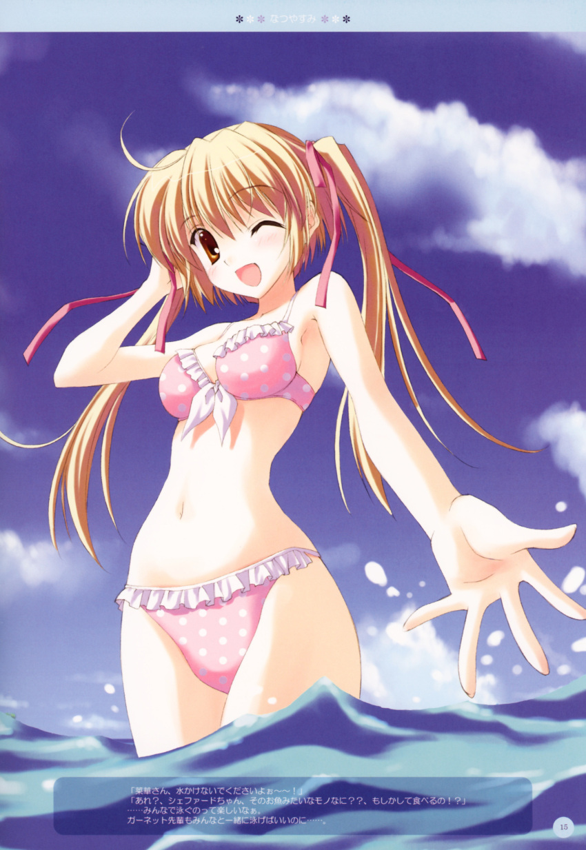 absurdres bikini blonde_hair brown_eyes copyright_request highres long_hair nanao_naru open_mouth perspective polka_dot polka_dot_bikini polka_dot_swimsuit smile solo swimsuit twintails wink