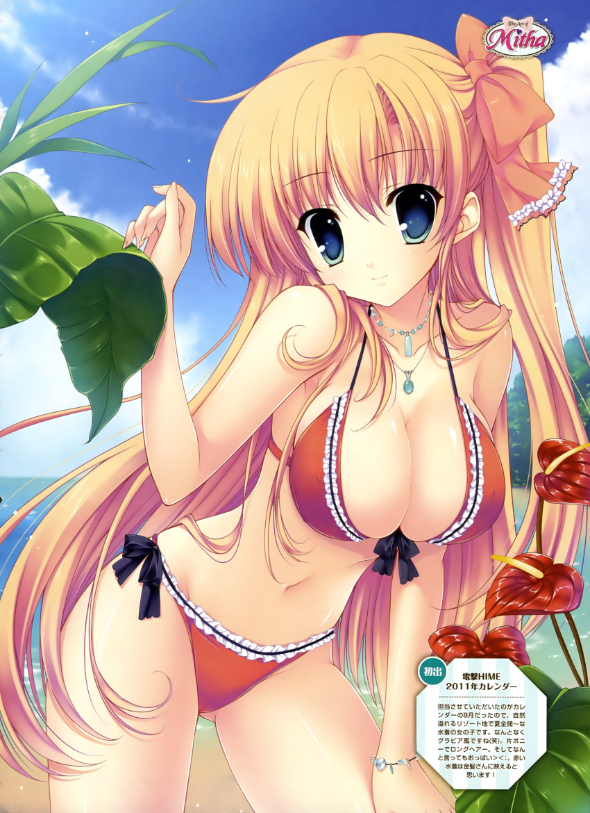 absurdres beach bikini blonde_hair blue_eyes bow bracelet breasts cleavage copyright_request hair_bow highres jewelry large_breasts leaf long_hair mitha navel necklace side_ponytail solo swimsuit very_long_hair