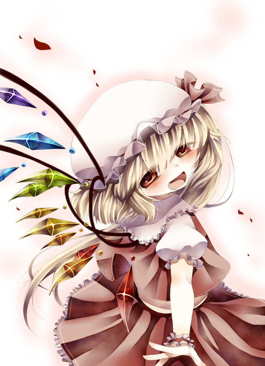 bad_id blonde_hair blush bow dress fang flandre_scarlet hat highres open_mouth red_eyes short_hair side_ponytail smile solo tepes the_embodiment_of_scarlet_devil touhou wings