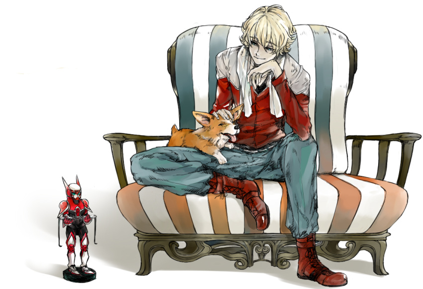 barnaby_brooks_jr belt blonde_hair blue_eyes boots chap's chap's character_doll couch dog glasses glasses_removed jacket jewelry male necklace petting power_armor power_suit red_jacket sitting solo studded_belt superhero tiger_&amp;_bunny towel welsh_corgi