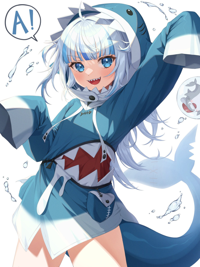 1girl ahoge animal_costume blue_eyes fish_tail gawr_gura highres hololive hololive_english hood hoodie looking_at_viewer multicolored_hair open_mouth shark_costume shark_tail sharp_teeth silver_hair sleeves_past_wrists streaked_hair tail teeth water_drop white_background xiho_(suna)