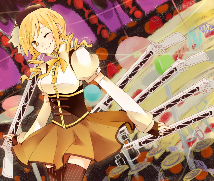 beret blonde_hair blush breasts brown_legwear cake candy corset detached_sleeves drill_hair fingerless_gloves food gloves gun hair_ornament hairpin hat highres large_breasts lollipop magical_girl magical_musket mahou_shoujo_madoka_magica pleated_skirt puffy_sleeves pyotr_(madoka_magica) ribbon rifle skirt smile taut_shirt thigh-highs thighhighs tomoe_mami twin_drills vertical-striped_legwear vertical_stripes weapon wink witch's_labyrinth witch's_labyrinth yellow_eyes zettai_ryouiki