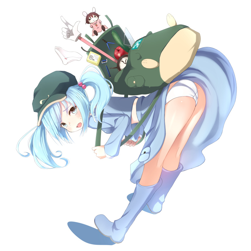 absurdres ass backpack bag bent_over blue_eyes blue_hair blush boots censored character_doll clock curly_hair eraser hair_bobbles hair_ornament hat highres inaba_tewi kawashiro_nitori open_mouth panties pantyshot pencil pokachu randoseru short_hair simple_background solo striped striped_panties tombow_mono touhou transparent_background trefoil twintails underwear white_panties