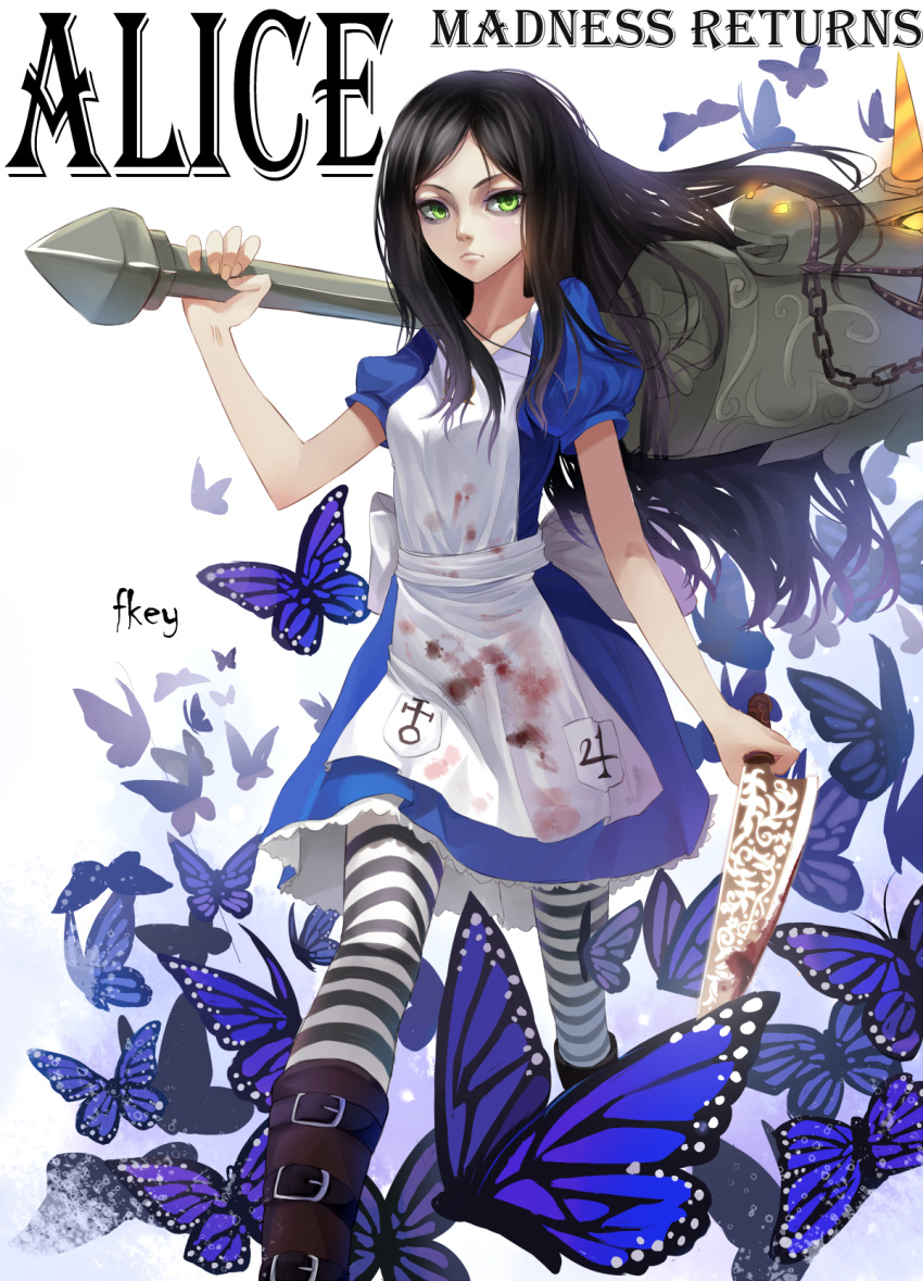 alice_(wonderland) alice_in_wonderland american_mcgee's_alice american_mcgee's_alice black_hair blood blood_on_clothes bloody_clothes boots brown_hair butterfly chain chains fkey green_eyes highres long_hair striped striped_legwear striped_thighhighs thigh-highs thighhighs weapon zengxianxin