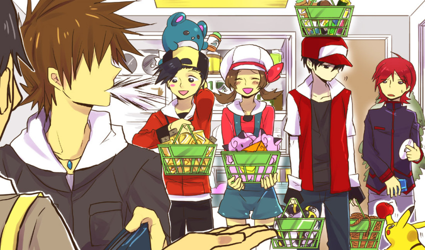 4boys alternate_costume annotated annotation_request apple baseball_cap blush carrying cd clefairy clefairy_(cameo) commentary_request doll envelope food fruit gold_(pokemon) gold_(pokemon)_(remake) hat hat_ribbon hibiki_(pokemon) holding indoors jewelry kotone_(pokemon) kuronomine marill multiple_boys multiple_girls necklace no_eyes ookido_green ookido_green_(hgss) partially_annotated pikachu poke_ball pokemon pokemon_(creature) pokemon_(game) pokemon_gsc pokemon_heartgold_and_soulsilver pokemon_hgss pokemon_rgby red_(pokemon) red_(pokemon)_(classic) red_ribbon ribbon rope shop shopping shopping_basket silver_(pokemon) silver_(pokemon)_(remake) smile spitting surprised tododile ultra_ball