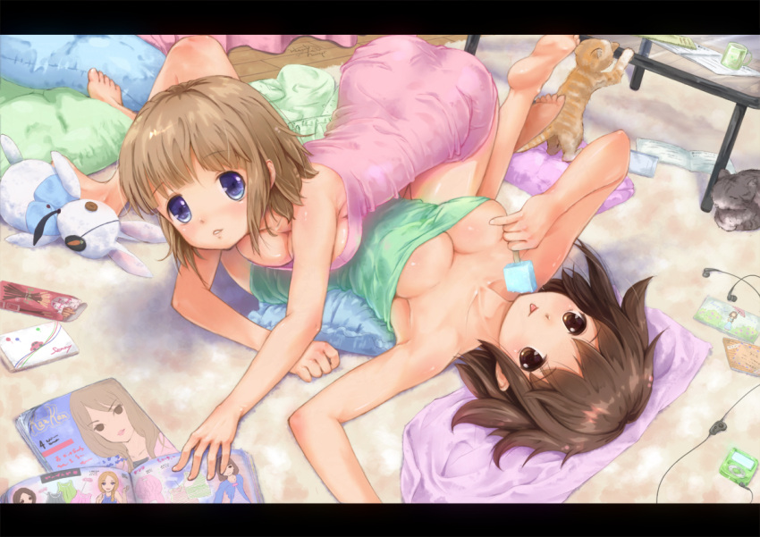 :p all_fours barefoot blue_eyes blush book breasts brown_eyes brown_hair bunny cat cleavage cup down_blouse dress eyepatch headset letterboxed lying magazine miyai_haruki multiple_girls naked_towel no_bra on_back open_mouth original pet pillow pinky_out pocky popsicle rabbit short_hair stuffed_animal table tongue towel
