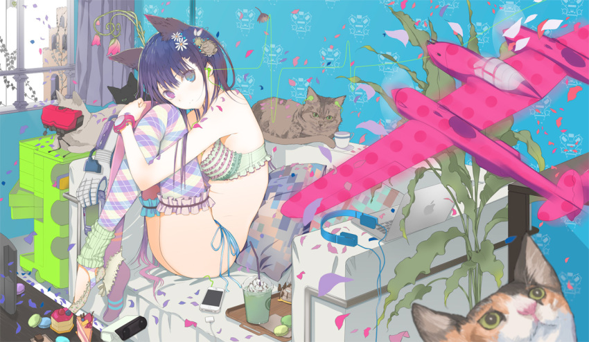 abstract airplane animal_ears argyle bare_shoulders bikini black_cat black_hair blue_hair blue_panties bra breasts cake cat cat_ears cellphone cleavage coffee couch cup earbuds earphones flower food frilled_bra frilled_legwear frilled_thighhighs frills fuyuno_haruaki game_boy_advance garters hair_flower hair_ornament hairclip headphones heterochromia ice_cream iphone leg_hug leg_warmers lingerie long_hair looking_at_viewer macaron macintosh mismatched_legwear original p-38 p-38_lightning panties petals phone pillow plaid plaid_legwear power_glove r.o.b rob side-tie_bikini side-tie_panties sitting solo stickam straw swimsuit teacup thigh-highs thighhighs underwear underwear_only very_long_hair virtual_boy watch yellow_bra