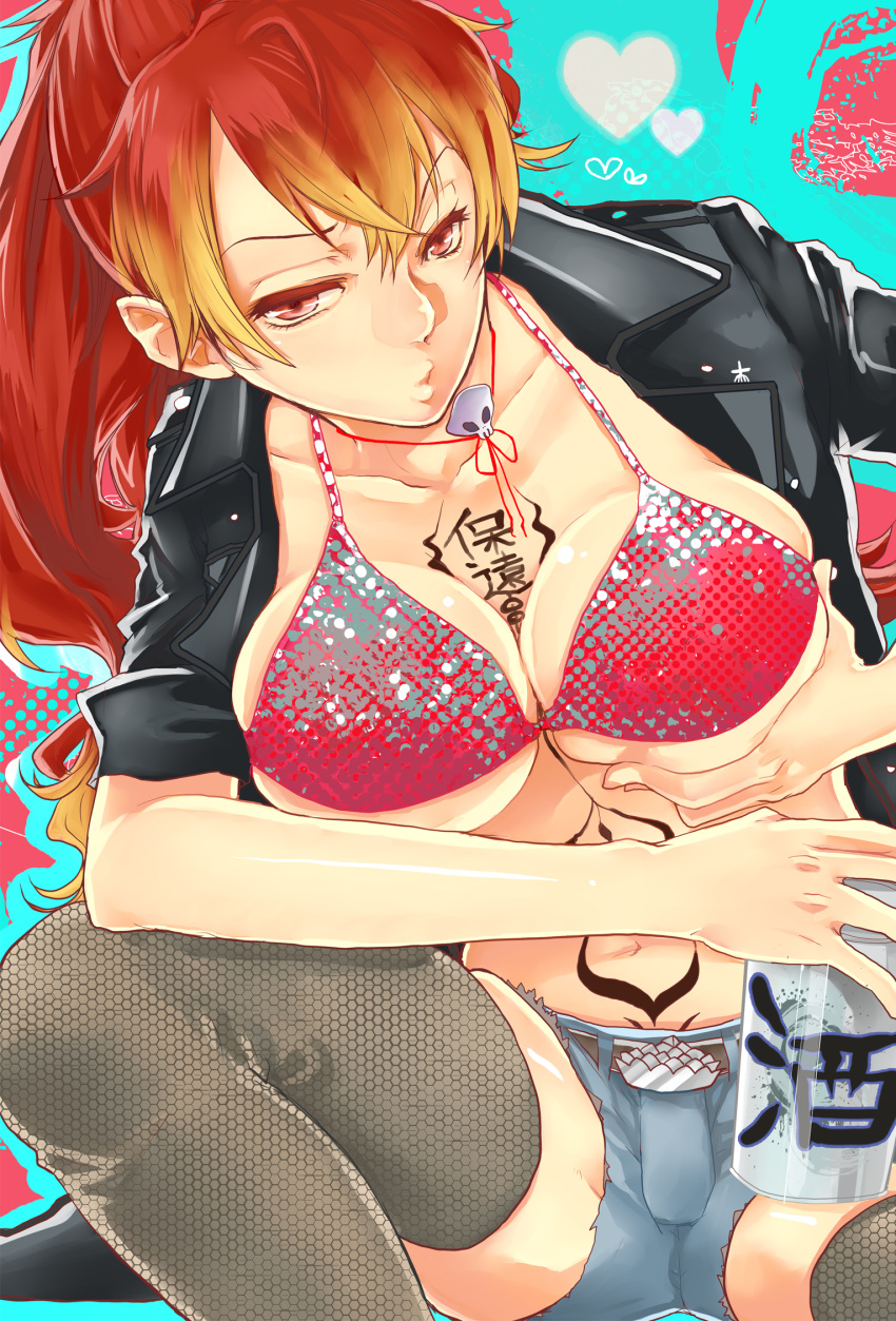 belt belt_buckle bikini_top breast_grab breasts cutoffs denim denim_shorts heart highres kirigakure_shura large_breasts leather_jacket long_hair multicolored_hair noppo ponytail pout red_eyes red_hair redhead short_shorts shorts skull sleeves_rolled_up tattoo thigh-highs thighhighs two-tone_hair