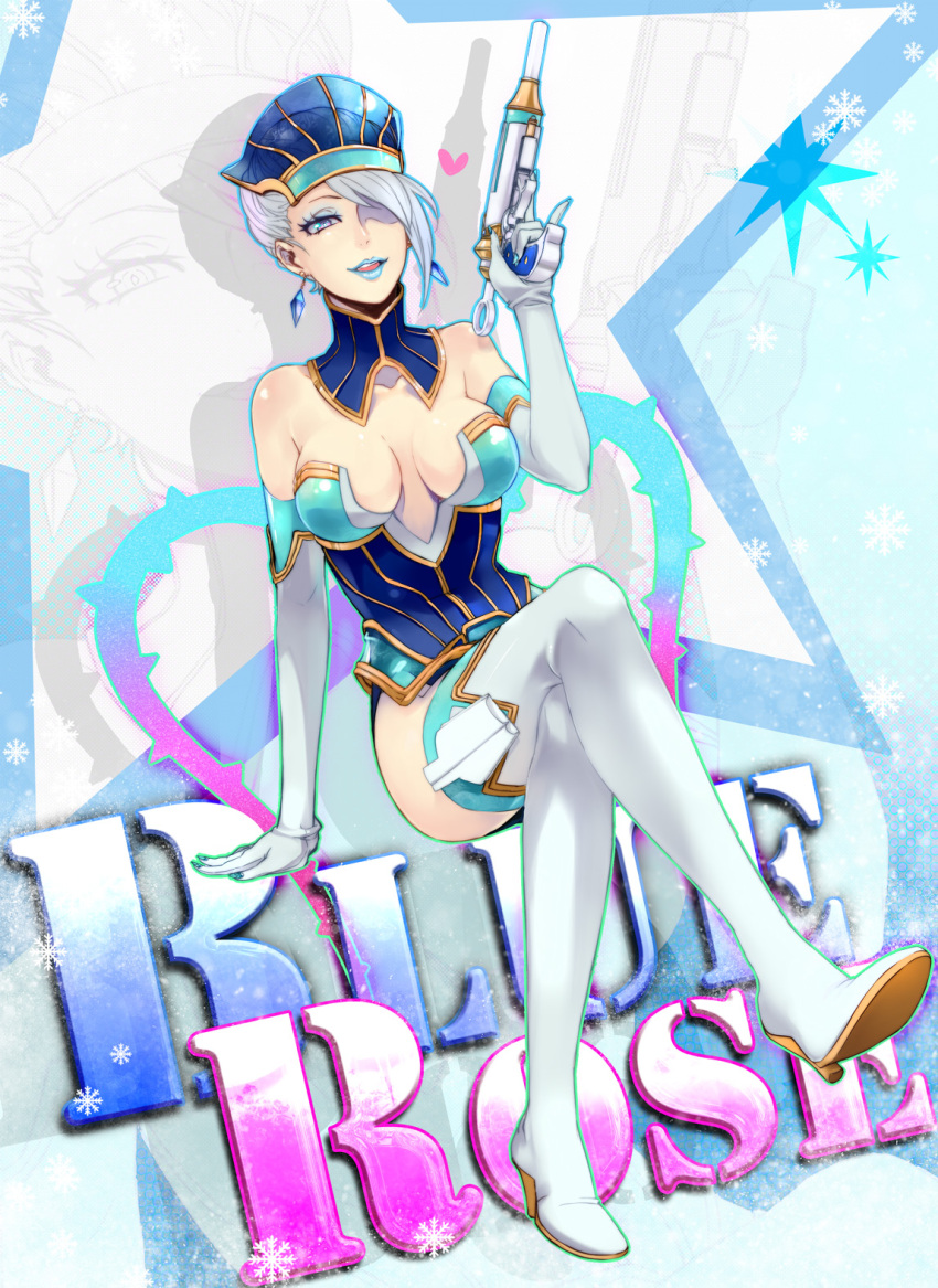 blue_eyes blue_hair blue_rose_(tiger_&amp;_bunny) boots breasts character_name cleavage crossed_legs earrings elbow_gloves eyelashes fingernails fingernails_over_gloves gloves gun hair_covering_one_eye hair_over_one_eye heart high_heels highres jewelry karina_lyle legs_crossed lipstick makeup shoes short_hair sitting sunday31 superhero thigh-highs thigh_boots thighhighs tiger_&amp;_bunny weapon