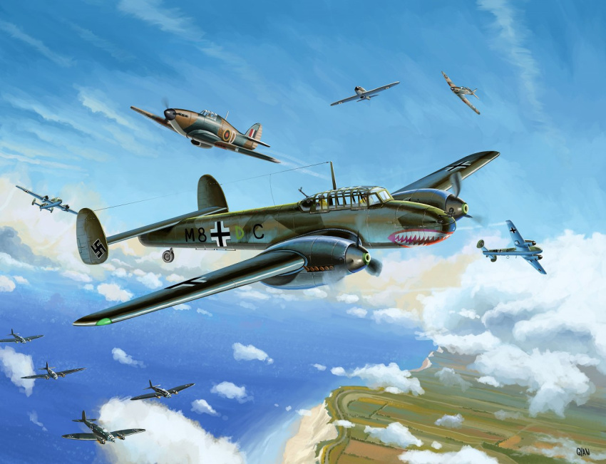 airplane battle battle_of_britain bf_110 bomber cloud flying gyan_(akenosuisei) hawker_hurricane he_111 luftwaffe military original propeller sky supermarine_spitfire swastika weapon world_war_ii wwii