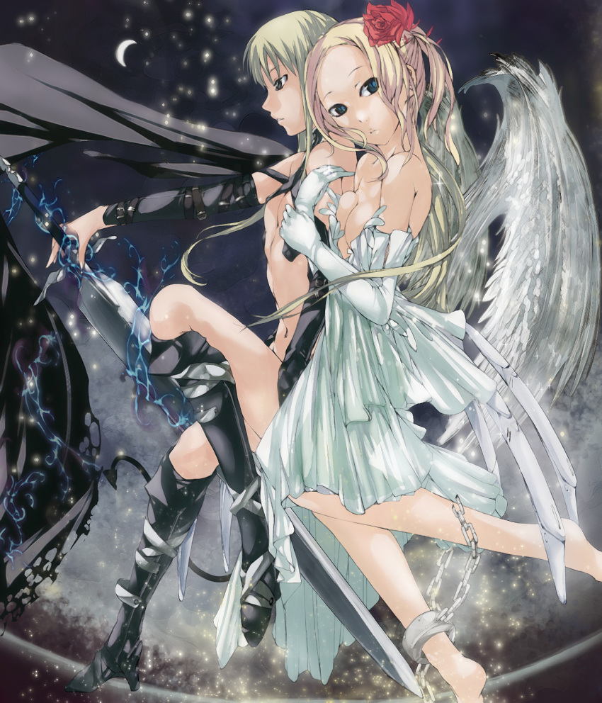 boots chain chains claire clare_(claymore) claymore claymore_(sword) dress flower hair_flower hair_ornament highres multiple_girls nyami sword teresa weapon wings