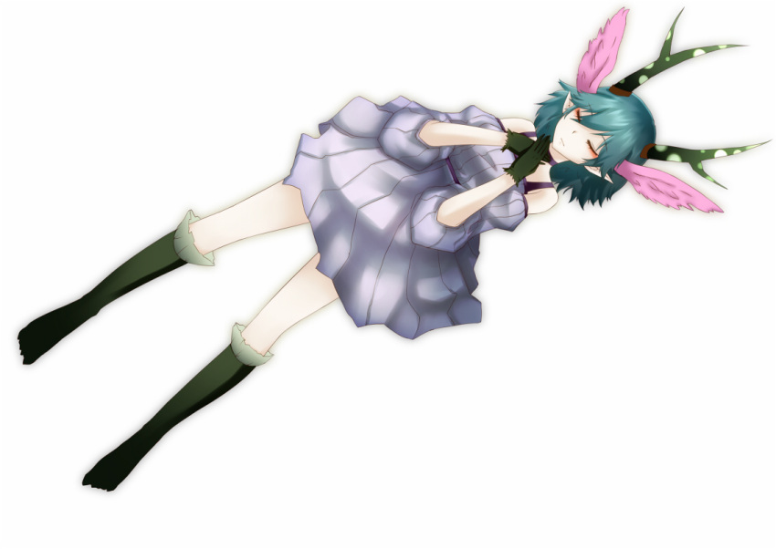 bare_shoulders blue_hair c_(control) c_the_money_of_soul_and_possibility_control cheungchz closed_eyes dress eyes_closed gloves head_wings horns kneehighs pointy_ears q_(control) short_hair simple_background solo