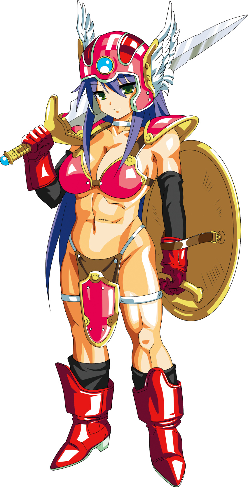 abs absurdres adult armor bikini_armor blue_hair boots breasts choker cleavage cosplay dragon_quest dragon_quest_iii elbow_gloves gloves green_eyes helmet highres izumi_konata large_breasts long_hair lucky_star mole navel oyu_no_kaori shield soldier_(dq3) soldier_(dq3)_(cosplay) solo sword thigh_strap transparent_background warrior weapon