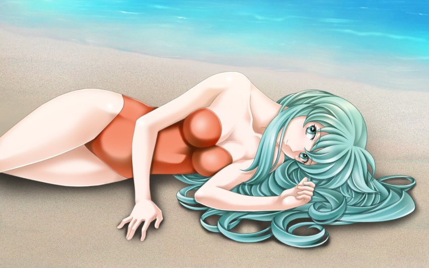 aqua_eyes aqua_hair bare_shoulders beach breasts casual_one-piece_swimsuit cleavage eirika female fire_emblem fire_emblem:_seima_no_kouseki fire_emblem_sacred_stones green_eyes green_hair highres long_hair lying on_side one-piece_swimsuit princess sand smile solo strapless strapless_swimsuit swimsuit tamamon water