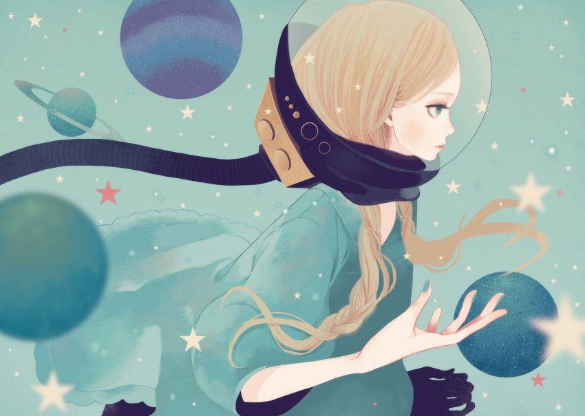 blue_eyes braid brown_hair dress helmet long_hair mokaffe nail_polish original planet profile solo space spacesuit star twin_braids