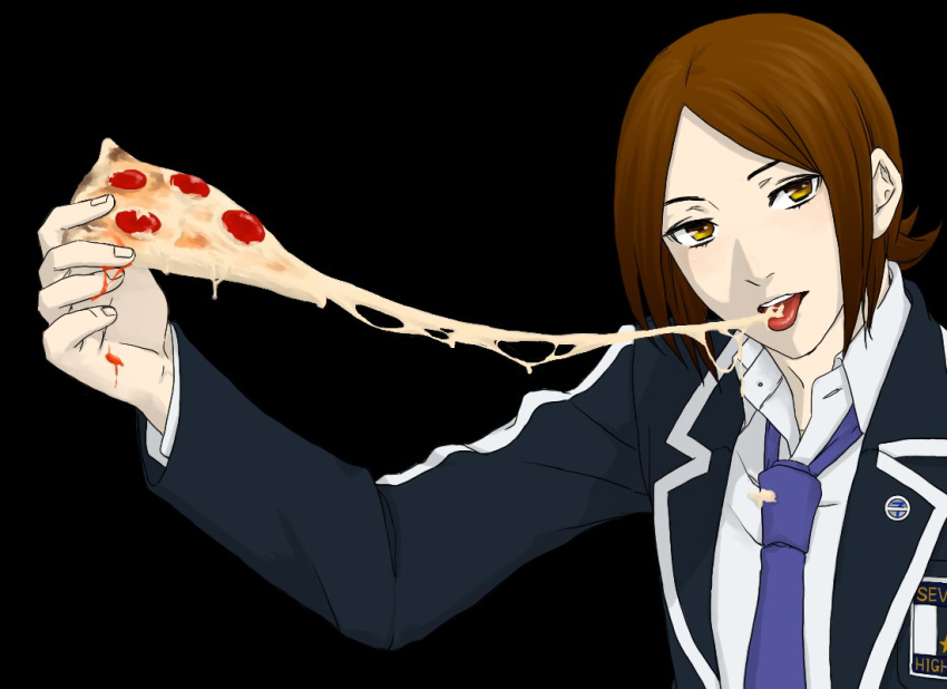 brown_eyes brown_hair catherine catherine_(game) crossover kao-ism male necktie persona persona_2 pizza school_uniform solo suou_tatsuya
