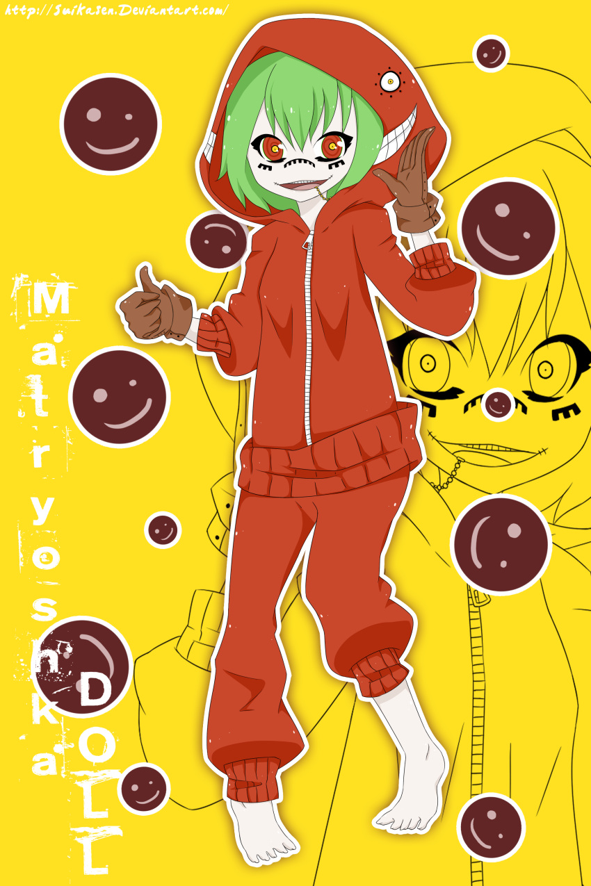 barefoot brown_gloves colored_pupils gloves green_hair gumi hoodie matryoshka_(vocaloid) open_mouth red_eyes smile solo suikasen thumbs_up vocaloid