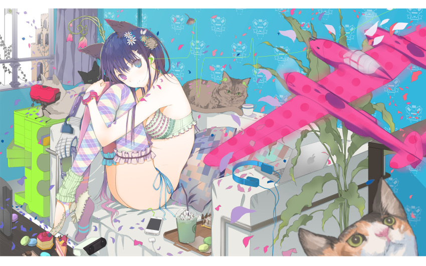 abstract airplane animal_ears argyle argyle_legwear bare_shoulders bikini black_cat black_hair blue_hair blue_panties bra breasts cake cat cat_ears cellphone cleavage coffee couch cup earbuds earphones flower food frilled_bra frilled_legwear frilled_thighhighs frills fuyuno_haruaki game_boy_advance garters hair_flower hair_ornament hairclip headphones heterochromia highres ice_cream iphone leg_hug leg_warmers lingerie long_hair looking_at_viewer macaron macintosh mismatched_legwear original p-38 p-38_lightning panties petals phone pillow plaid plaid_legwear playstation_3 power_glove ps3 r.o.b rob side-tie_bikini side-tie_panties sitting solo stickam straw swimsuit teacup thigh-highs thighhighs underwear underwear_only very_long_hair virtual_boy watch yellow_bra