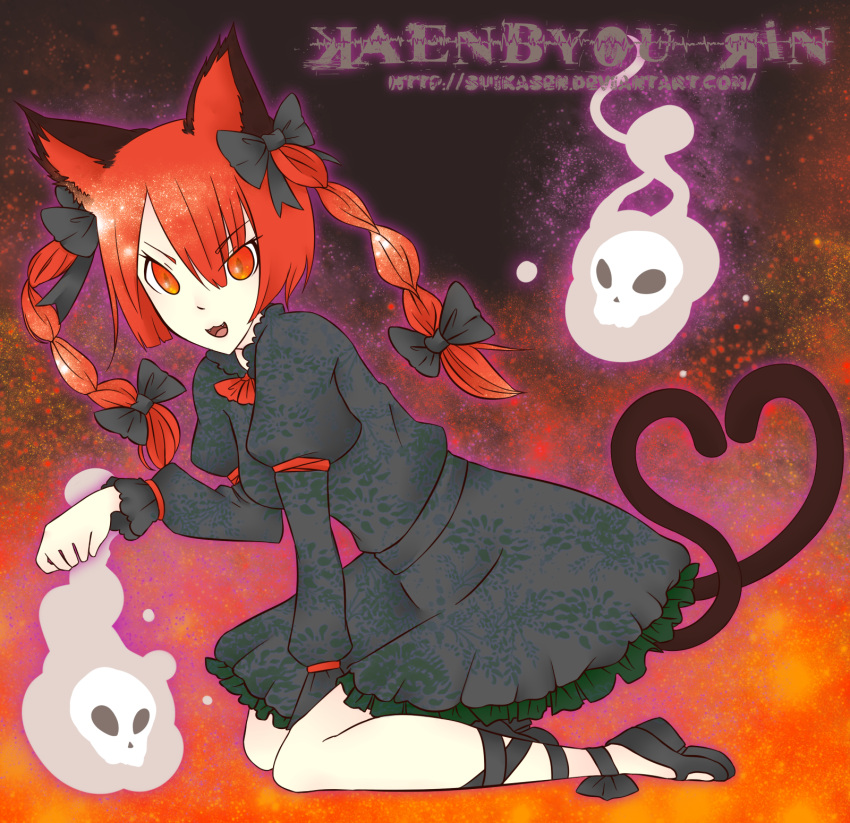 bow braid cat_ears cat_tails fangs floral hair_bow heart kaenbyou_rin multiple_tails open_mouth red_eyes red_hair skull suikasen tail touhou two_braids