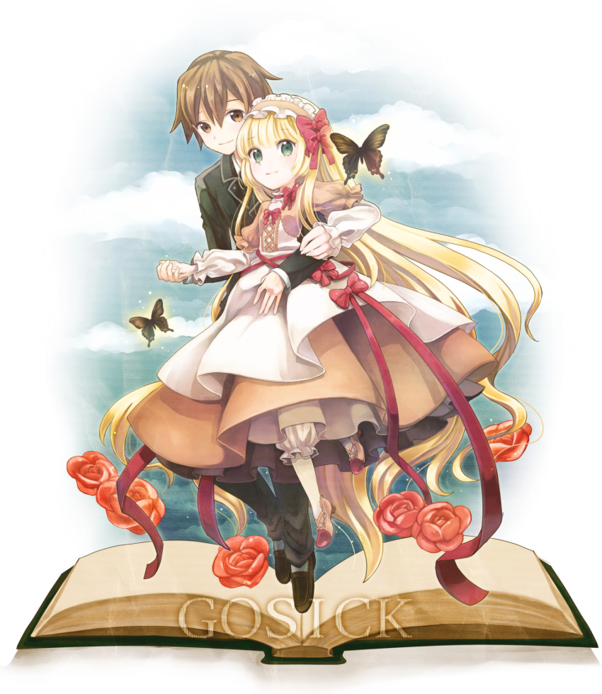 1girl amri bad_id bangs blonde_hair bloomers blunt_bangs book bow brown_eyes brown_hair butterfly cloud couple dress flower frills gosick hand_holding highres holding_hands kujou_kazuya lolita_fashion long_hair looking_at_viewer ribbon shoes very_long_hair victorica_de_blois