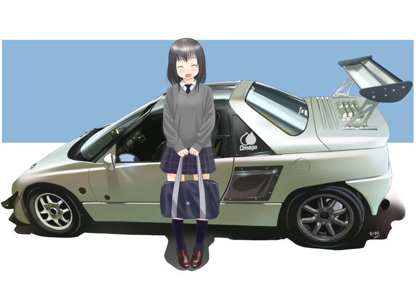 :o ^_^ autozam_az-1 bag black_hair black_legwear blush car car_tail cardigan closed_eyes copyright_request flat_chest happy highres loafers long_sleeves motor_vehicle necktie open_mouth perspective pigeon-toed pigeon_toed plaid plaid_skirt pleated_skirt pullover reflection retsu_maru school_uniform shoes short_hair signature simple_background skirt sleeves_past_wrists smile solo standing v-neck vehicle