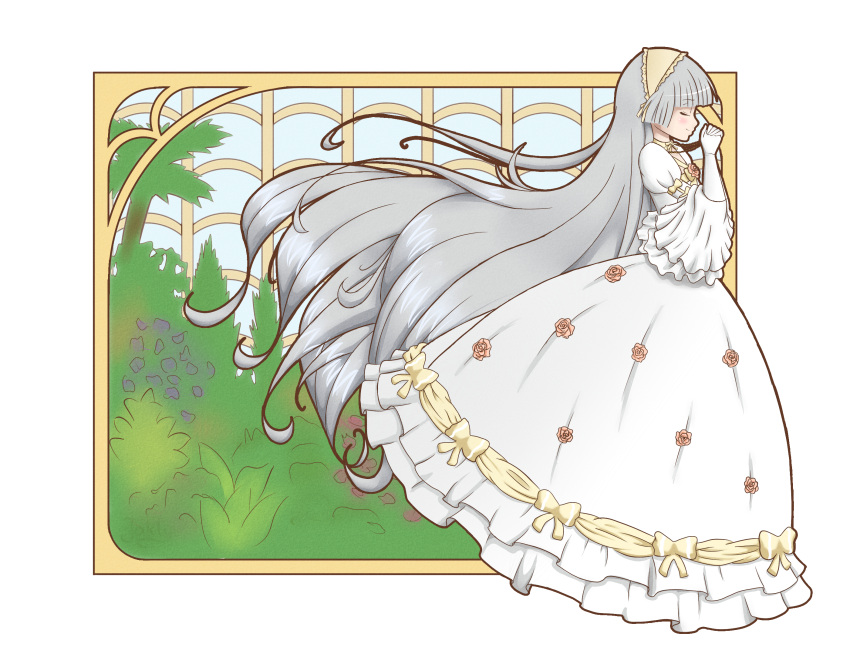 dress eyes_closed flower frills gosick hairband hands_clasped highres jakly jewelry lolita_fashion long_hair necklace profile silver_hair solo spoilers very_long_hair victorica_de_blois