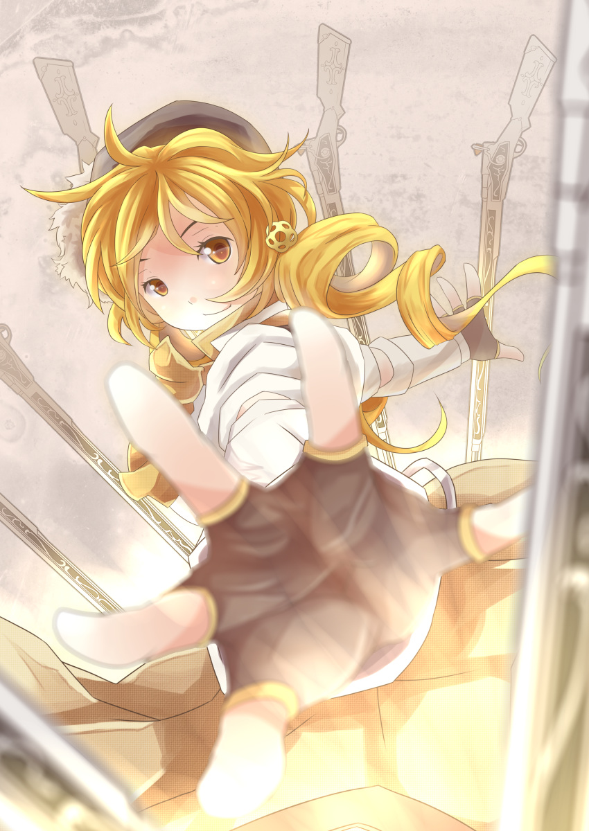 absurdres beret blonde_hair blurry depth_of_field detached_sleeves drill_hair eye_reflection field_of_blades fingerless_gloves foreshortening gloves gun hair_ornament hairpin hands hat highres light_smile looking_at_viewer magical_girl magical_musket mahou_shoujo_madoka_magica outstretched_arms outstretched_hand perspective pleated_skirt puffy_sleeves reflection ribbon rifle skirt smile solo spread_arms srx61800 tomoe_mami twin_drills weapon yellow_eyes