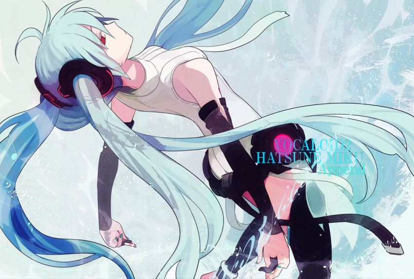 aqua_hair bridal_gauntlets elbow_gloves fingerless_gloves gloves harano hatsune_miku hatsune_miku_(append) long_hair miku_append necktie red_eyes solo twintails very_long_hair vocaloid vocaloid_append