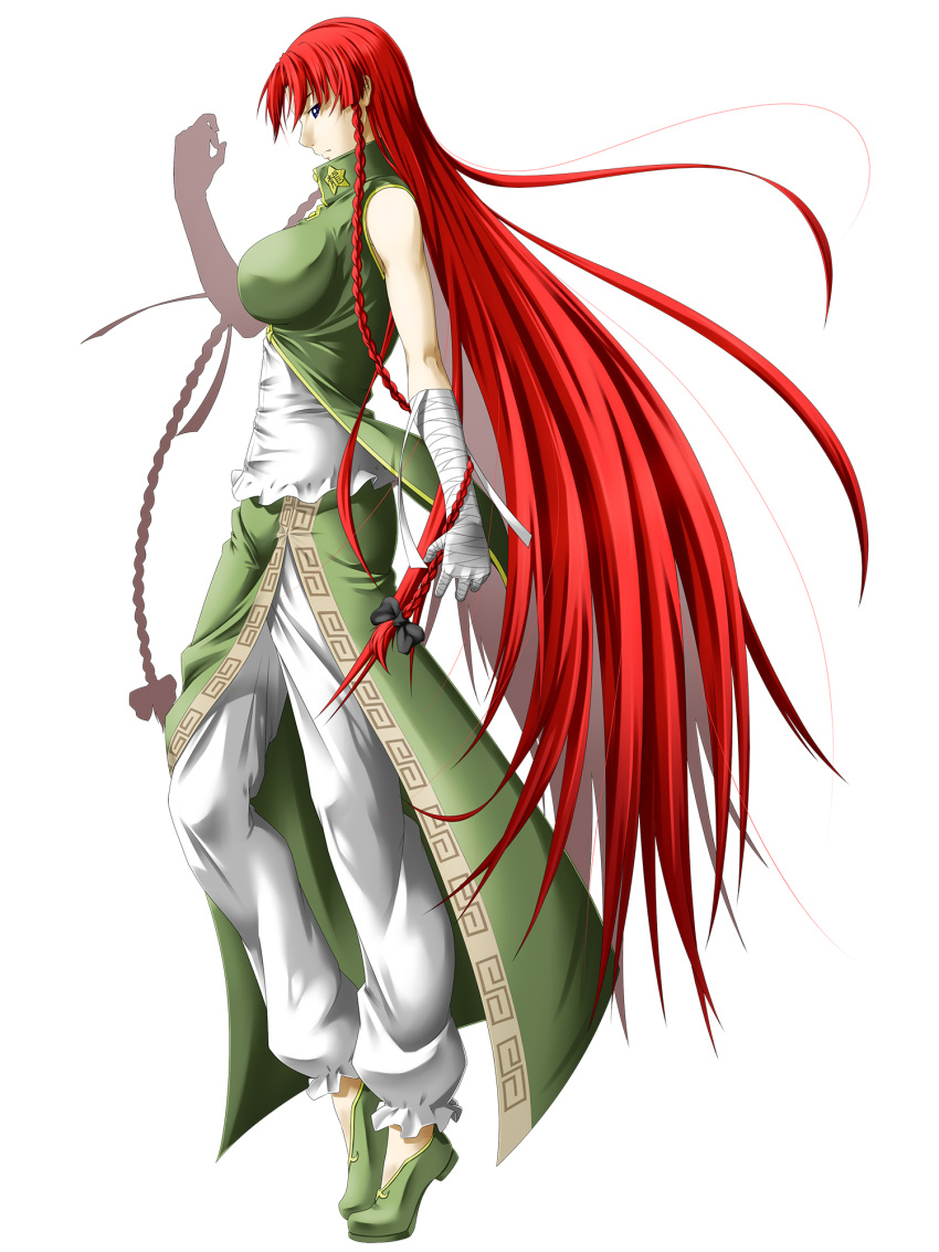 bad_ass_awesome bad_id bandage bandages blue_eyes braid breasts china_dress chinese_clothes highres hong_meiling large_breasts long_hair niwatazumi no_hat no_headwear pants red_hair redhead simple_background solo star touhou twin_braids