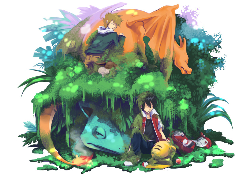 2boys brown_hair charizard eevee fire grass green_(pokemon) hat highres multiple_boys ookido_green pikachu poke_ball pokemon red_(pokemon) sleeping venusaur wings