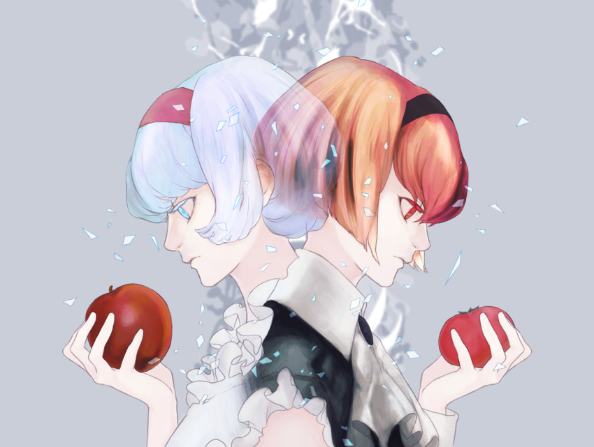 android apple bare_shoulders blue_eyes bob_cut brooch brown_hair cis_(tiger_&amp;_bunny) company_connection creator_connection crossover dress food fruit hairband holding holding_apple holding_fruit jewelry multiple_girls pale_skin r_dorothy_wayneright red_eyes red_hair seiyuu_connection short_hair sunrise_(company) the_big_o tiger_&amp;_bunny tomato white_hair yajima_akiko yaku_(ziroken)