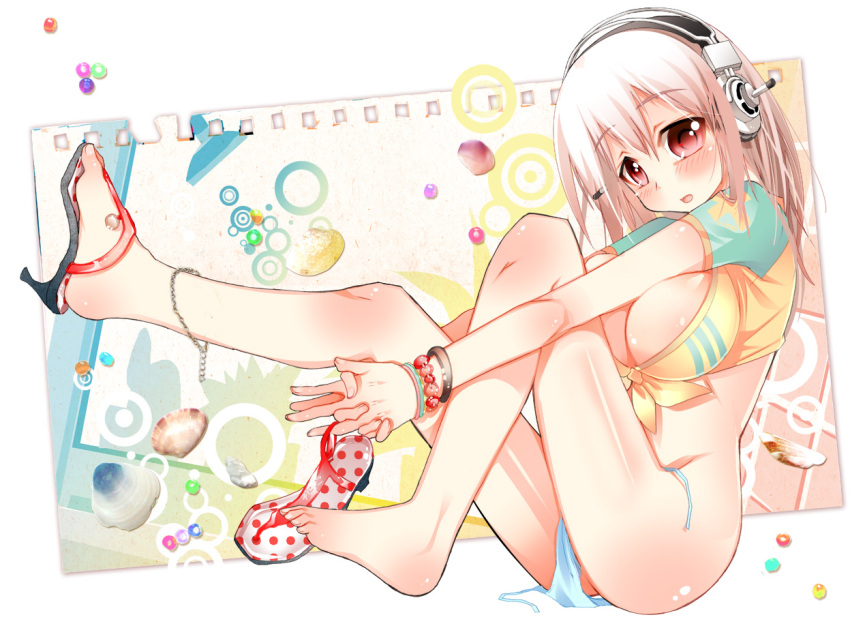 anklet barefoot beads blush bracelet breasts chain chains headphones high_heels jewelry large_breasts long_hair nitroplus pink_hair red_eyes sandals shoes single_shoe sodapop_(iemaki) solo sonico soniko super_sonico