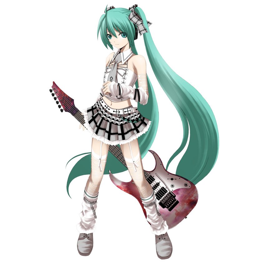 alternate_costume aqua_eyes aqua_hair bad_id bare_shoulders belt collar detached_collar detached_sleeves electric_guitar garter_straps guitar hair_ribbon hatsune_miku highres instrument jewelry kuromayu leg_warmers long_hair midriff navel necktie ribbon ring simple_background skirt solo thigh-highs thighhighs twintails very_long_hair vocaloid whammy_bar