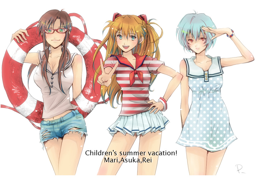 bare_shoulders blue_eyes blue_hair bracelet breasts brown_hair buttons cleavage dress evangelion:_2.0_you_can_(not)_advance glasses green_eyes hand_on_hip hips innertube jewelry long_hair makinami_mari_illustrious midriff nagisa-a navel neon_genesis_evangelion polka_dot ponytail rebuild_of_evangelion red_eyes red_hair redhead sailor shikinami_asuka_langley short_hair shorts skirt smile soryu_asuka_langley souryuu_asuka_langley striped torn_clothes twintails unmoving_pattern v white
