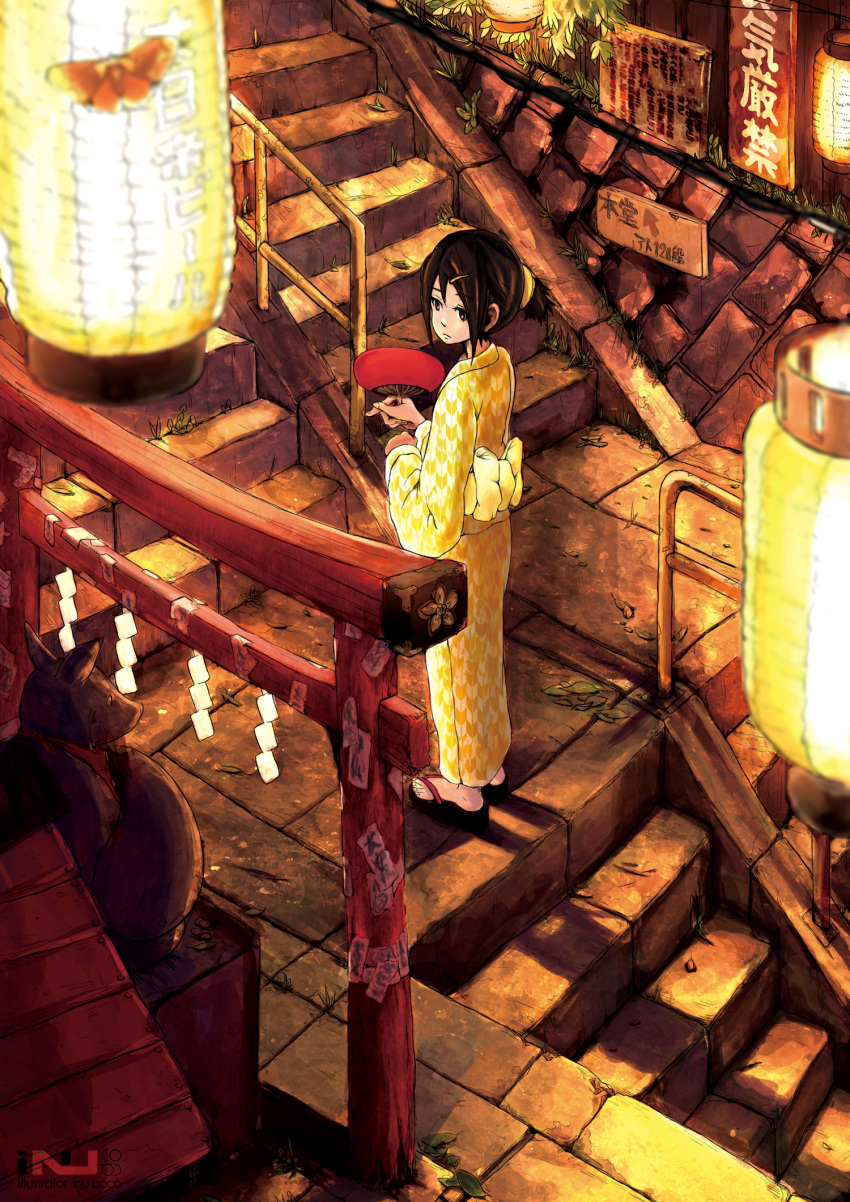 blurry brown_eyes brown_hair clog_sandals depth_of_field fan hair_ornament hairclip highres inukoko japanese_clothes kimono lantern moth night obi ofuda paper_fan paper_lantern pixiv_festa scrunchie shadow shide solo stairs standing torii uchiwa