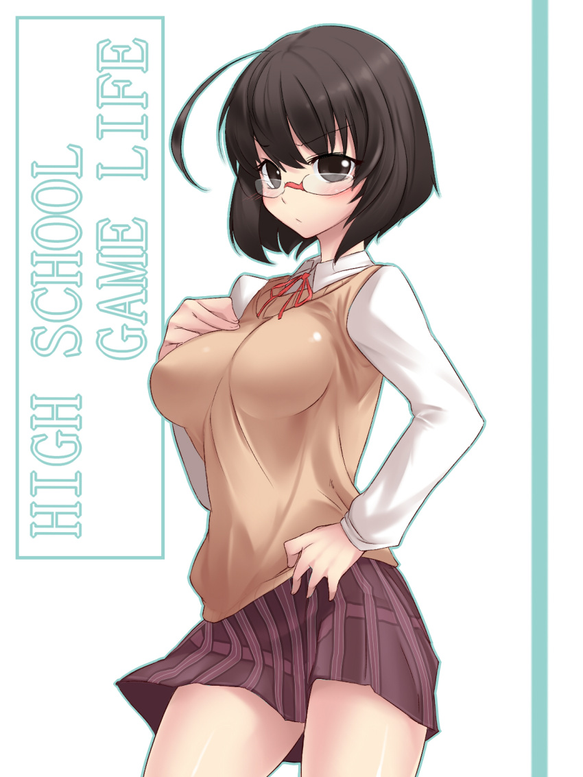 blush bob_cut breasts brown_eyes brown_hair frown glasses hand_on_hip highres impossible_clothes impossible_clothing impossible_sweater large_breasts original school_uniform short_hair skirt solo sweater sweater_vest xefy yamane_akira