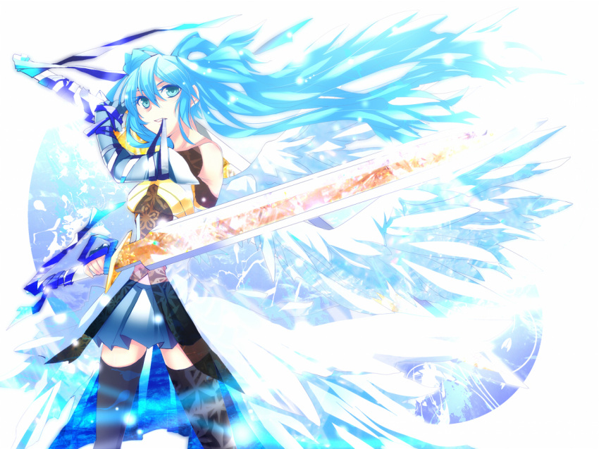 haru_aki hatsune_miku long_hair sword thigh-highs thighhighs twintails vocaloid weapon wings zettai_ryouiki