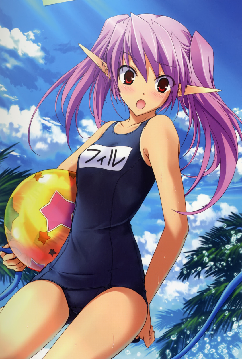 alicesoft artist_request ball beachball blush elf highres long_hair onigirikun open_mouth pastel_chime pastel_chime_continue phil_ehart pointy_ears purple_hair red_eyes school_swimsuit solo swimsuit twintails