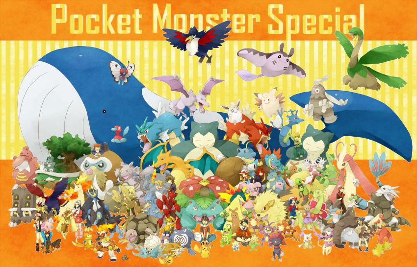 6+boys 6+girls aerodactyl aggron alternate_color alternate_costume alternate_hairstyle ambipom arcanine bastiodon bear bird black_(pokemon) blastoise blaziken blue_(pokemon) bone braviary brown_hair bug buizel bull butterfree castform charizard chatot chuchu_(pokemon) clefable cosplay crab crystal_(pokemon) cubone delcatty diamond_(pokemon) diglett ditto dodrio donphan dragon duck dusclops emerald_(pokemon) empoleon everyone feraligatr fire fish flower flying gold_(pokemon) golduck golem_(pokemon) granbull gyarados hair_flower hair_ornament hat hat_removed headwear_removed highres hitmonchan holding holding_hat holding_own_foot honchkrow horn infernape kingdra kirlia kotone_(pokemon) kotone_(pokemon)_(cosplay) kutta lickilicky locked_arms long_hair lopunny luxray machamp mamoswine mantine mightyena milotic monkey mr._mime multiple_boys multiple_girls munchlax munna nidoqueen odamaki_sapphire omastar ookido_green parasect pearl_(pokemon) pikachu platinum_berlitz pokemon pokemon_(game) pokemon_black_and_white pokemon_bw pokemon_dppt pokemon_emerald pokemon_firered_and_leafgreen pokemon_heartgold_and_soulsilver pokemon_hgss pokemon_platinum pokemon_rgby pokemon_rse pokemon_ruby_and_sapphire pokemon_special pokemon_yellow politoed poliwrath porygon2 rapidash raticate red_(pokemon) relicanth rhydon ruby_(pokemon) sceptile scizor shiny_pokemon silver_(pokemon) sitting snorlax spikes sudowoodo sunflora swampert tauros tepig title_drop togepi torterra touko_(pokemon) touya_(pokemon) tree tropius typhlosion ursaring v venusaur wailord weavile whale white_(pokemon) wings xatu yellow_(pokemon)