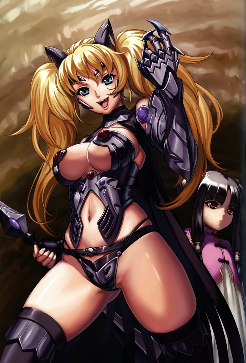 absurdres armor blonde_hair blue_eyes breasts character_request eiwa elina gauntlets highres long_hair multiple_girls navel open_mouth queen's_blade queen's_blade_rebellion queen's_blade queen's_blade_rebellion smile thigh-highs thighhighs twintails