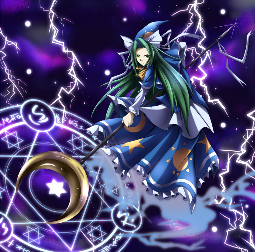 bowtie crescent dress electricity energy energy_ball ghost ghost_tail green_eyes green_hair hat hexagram highres long_hair magic_circle mima momo moon solo staff star star_of_david sun_(symbol) touhou touhou_(pc-98) weapon wizard_hat