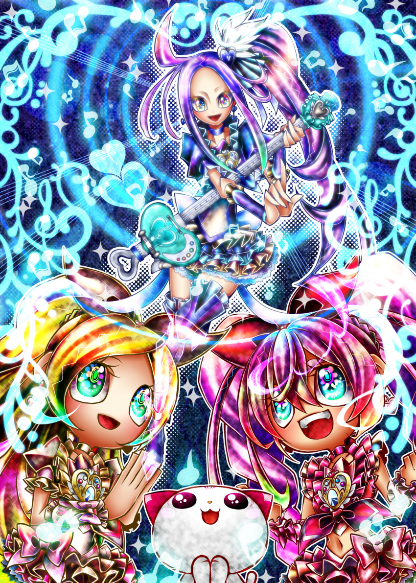 acid_trip blue_background boots bow cure_beat cure_melody cure_rhythm guitar hair_bow highres houjou_hibiki hummy_(suite_precure) instrument kurokawa_ellen love_guitar_rod magical_girl minamino_kanade multiple_girls musical_note ninomae precure siren_(suite_precure) staff_(music) suite_precure thigh_boots thighhighs treble_clef twintails