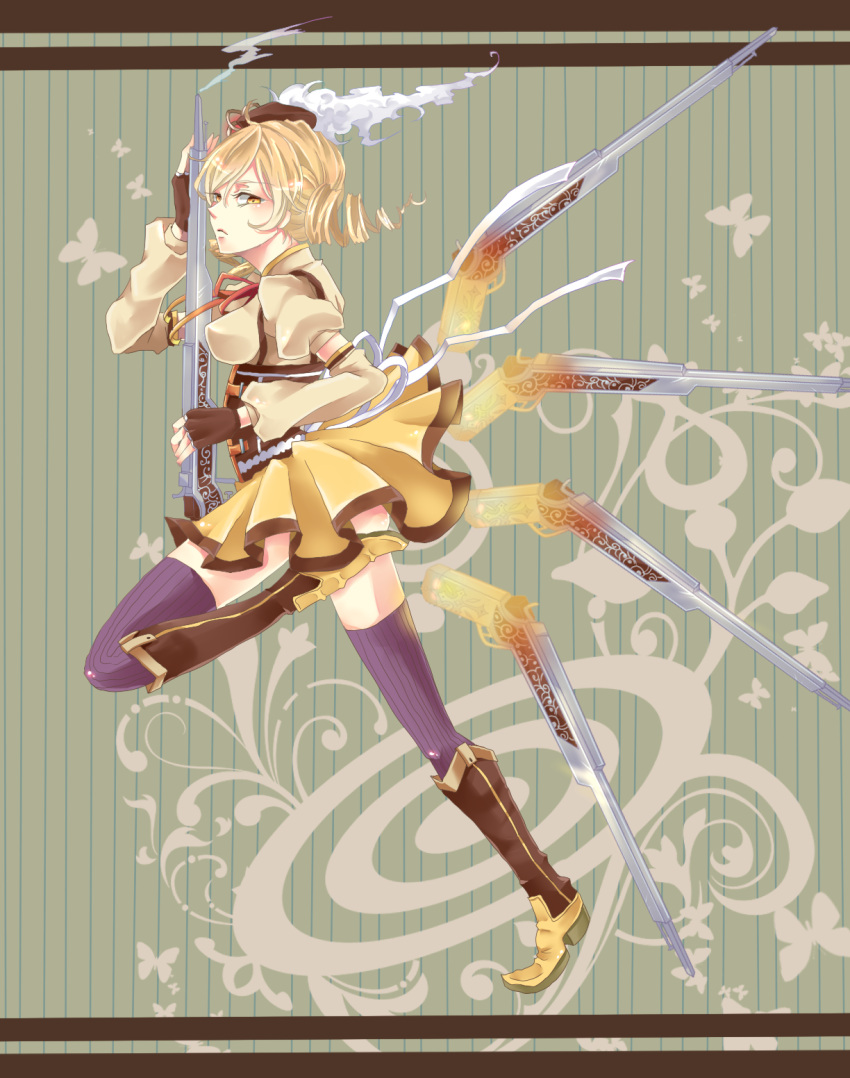 beret blonde_hair blush body_blush boots breasts brown_legwear butterfly corset detached_sleeves drill_hair fingerless_gloves frown fukutsuu gloves gun hair_ornament hat highres magical_girl magical_musket mahou_shoujo_madoka_magica pleated_skirt puffy_sleeves ribbon rifle skirt smoke solo striped striped_background thigh-highs thighhighs tomoe_mami twin_drills vertical-striped_legwear vertical_stripes weapon yellow_eyes zettai_ryouiki