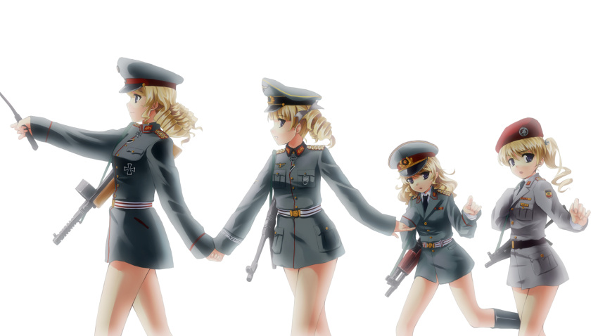blonde_hair blue_eyes boots cold_war copyright_request drill_hair gun hand_holding hat highres holding_hands iron_cross long_hair military military_uniform mizuki_ame multiple_girls no_pants open_mouth pointing ponytail present_time short_hair sleeves_past_wrists smile uniform weapon world_war_1 world_war_2