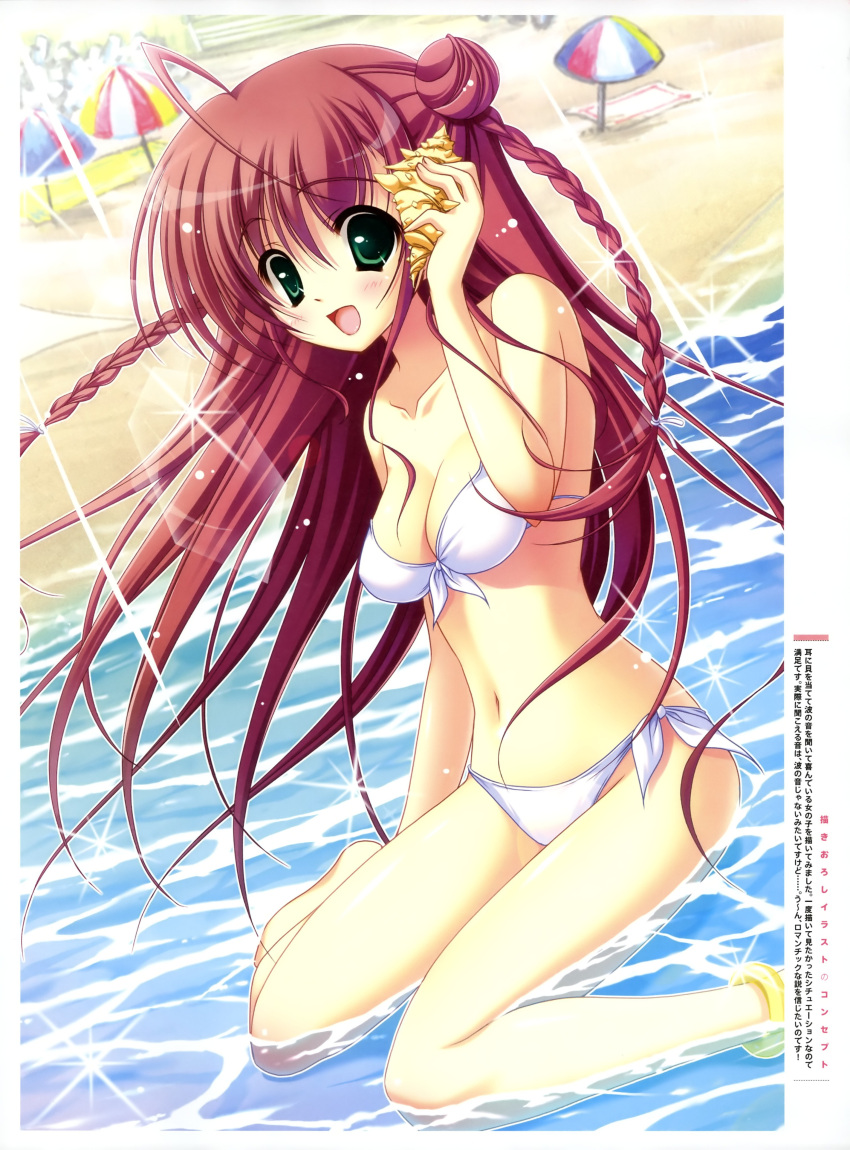 :d absurdres ahoge anklet bandeau beach beach_umbrella bikini blush braid breasts cleavage copyright_request front-tie_top green_eyes highres jewelry kneeling midriff mitsui_mana navel open_mouth parasol partially_submerged red_hair seashell shell shell_to_ear side-tie_bikini sitting smile solo submerged swimsuit swimsuit tetrapod twin_braids umbrella wariza water