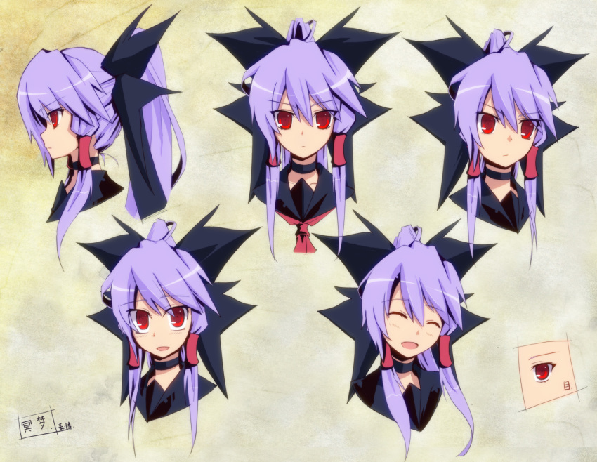 auer closed_eyes expressions eyes_closed fang hair_ribbon hair_tubes highres lavender_hair long_hair meimu open_mouth red_eyes ribbon solo touhou